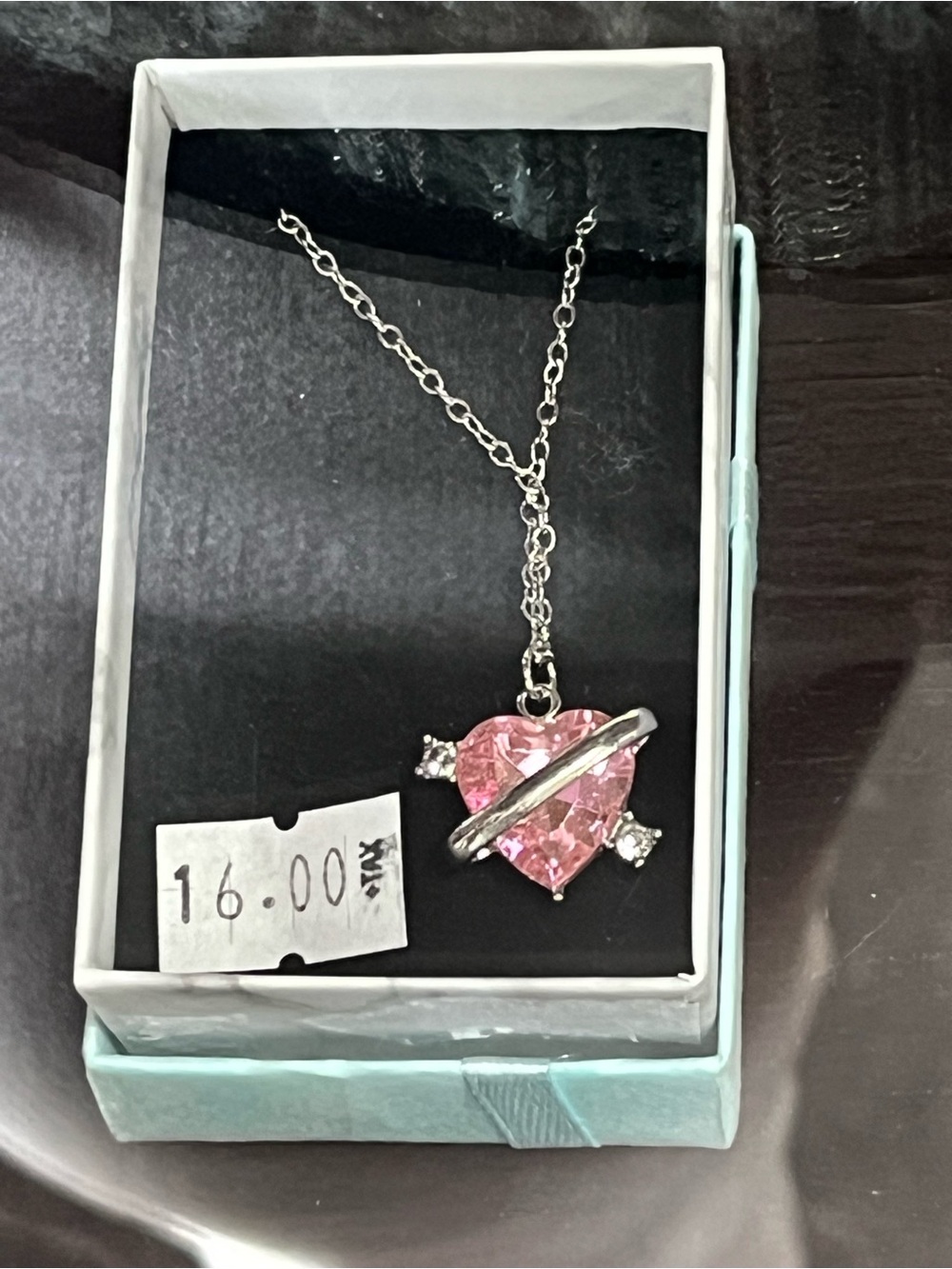 Pink Heart Crystal Pendant Necklace - Silver Tone